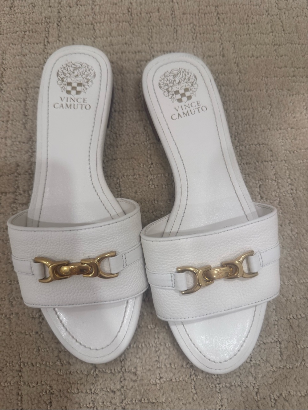 Vince Camuto White Leather Slide Mules with Gold Hardware